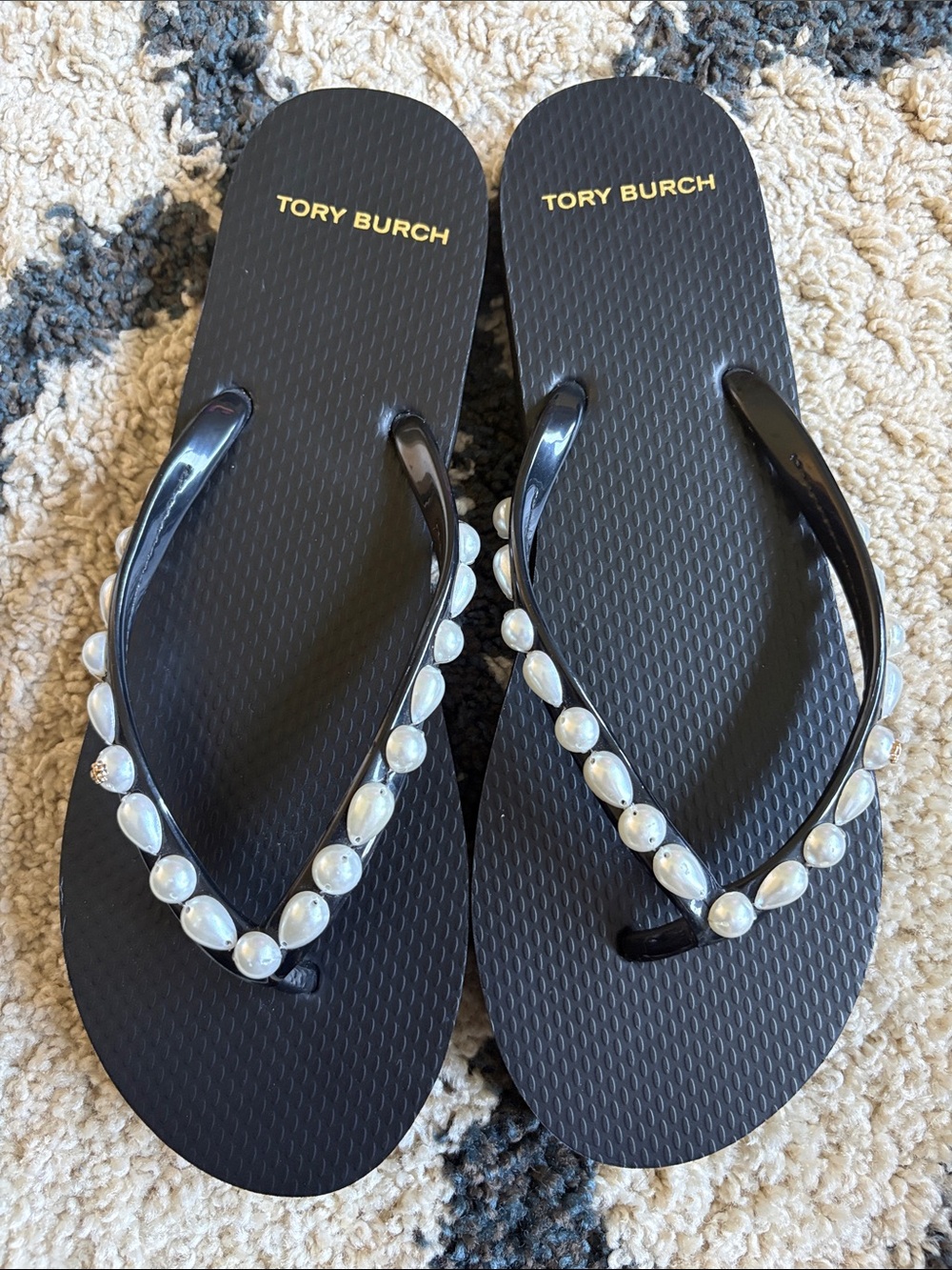 Tory Burch Black Flip Flops with Pearl Strap Embellishments Never worn
